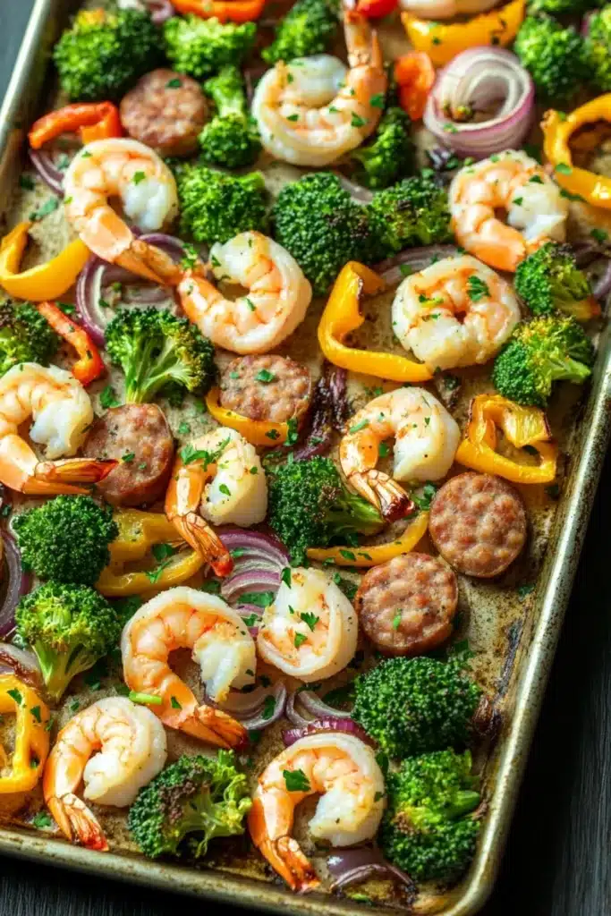 Sausage and shrimp sheet pan meal - the image shows a sheet pan filled with a variety of vegetables and shrimp. the vegetables include broccoli, red onions, and yellow bell peppers. the shrimp are cooked and appear to be seasoned with herbs and spices. the pan is sitting on a wooden table. the overall appearance of the dish is colorful and appetizing.