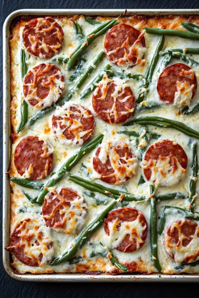 Sausage green beans alfredo sheet pan - the image shows a rectangular baking dish filled with a dish of green beans and pepperoni. the dish is covered in a creamy white sauce and topped with melted cheese. the green beans are long and slender, and they are arranged in a single layer on top of the sauce. the pepperoni is round and red, and it appears to be seasoned with herbs and spices. the cheese is melted and bubbly, and there are small pieces of pepperoni scattered throughout the dish. the baking dish is sitting on a black countertop.