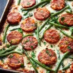 Sausage green beans alfredo sheet pan - the image shows a baking tray filled with a dish of green beans and sausage. the dish appears to be freshly baked and has a golden brown crust on top. the green beans are long and slender, and they are arranged in a circular pattern on the tray. the sausage is cut into small cubes and is covered in a layer of melted cheese. there are also some chopped herbs sprinkled on top, adding a pop of green color to the dish. the tray is sitting on a wooden table, and the background is blurred.