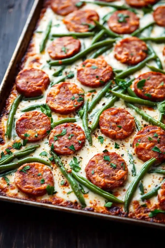 Sausage green beans alfredo sheet pan - the image shows a baking tray filled with a dish of green beans and sausage. the dish appears to be freshly baked and has a golden brown crust on top. the green beans are long and slender, and they are arranged in a circular pattern on the tray. the sausage is cut into small cubes and is covered in a layer of melted cheese. there are also some chopped herbs sprinkled on top, adding a pop of green color to the dish. the tray is sitting on a wooden table, and the background is blurred.