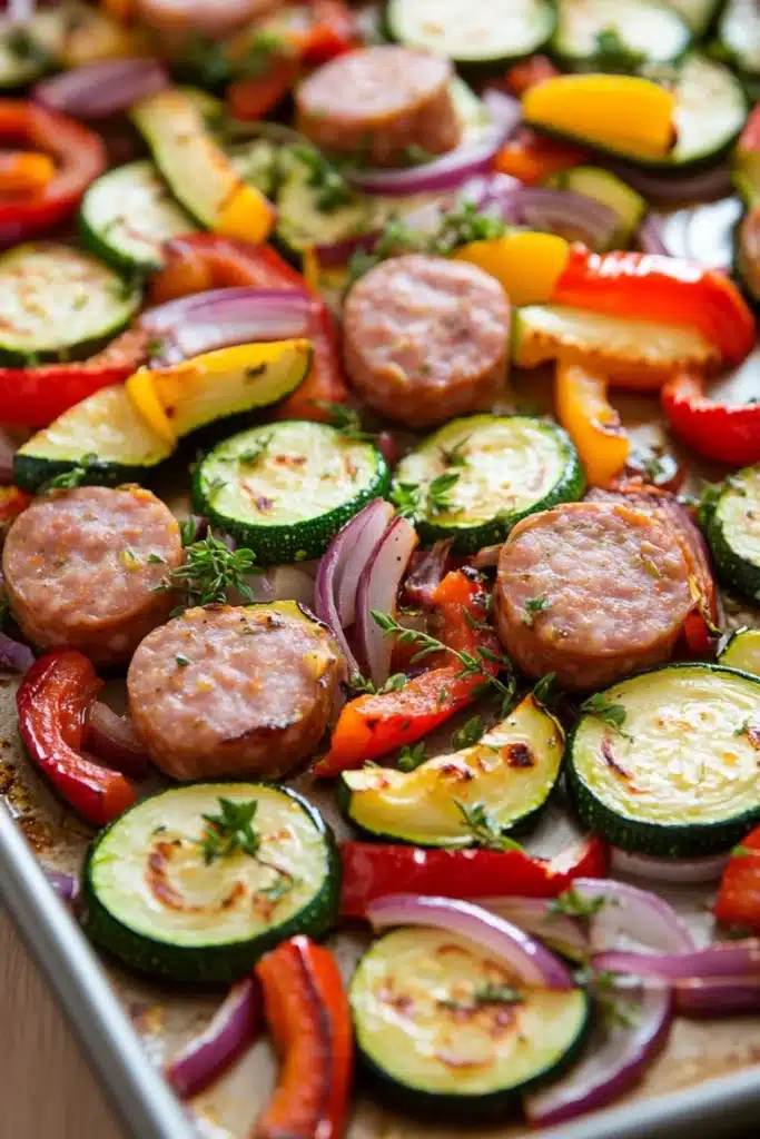 Sausage peppers and zucchini sheet pan - the image shows a tray of grilled vegetables on a wooden table. the vegetables appear to be zucchini, red and yellow bell peppers, and red onions. there are also small pieces of sausage scattered throughout the tray. the sausage is golden brown and looks crispy on the outside. the tray is lined with parchment paper and there is a sprig of thyme on top. the background is blurred, but it appears to be a kitchen countertop.
