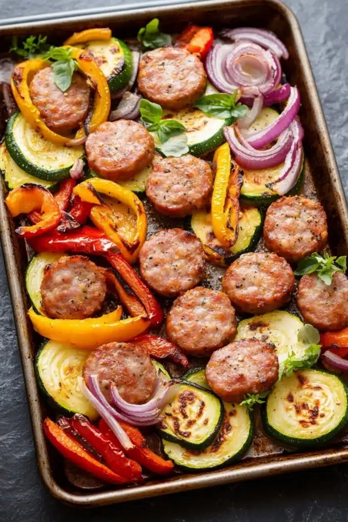 Sausage peppers and zucchini sheet pan - the image shows a rectangular baking tray filled with grilled meatballs and vegetables. the meatballs are golden brown and appear to be seasoned with herbs and spices. the vegetables include zucchini, red onions, yellow bell peppers, and red onions. the tray is garnished with fresh basil leaves. the background is a dark grey countertop.