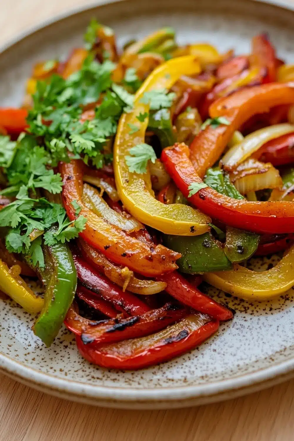 Sauteed fajita vegetables - the image is a close-up of a plate of food. the plate is white with a speckled pattern and is placed on a wooden table. the food appears to be a stir-fry dish with sliced red and yellow bell peppers, onions, and cilantro. the peppers are arranged in a circular pattern and are garnished with fresh cilantro leaves. the colors of the peppers are vibrant and the dish looks fresh and appetizing.