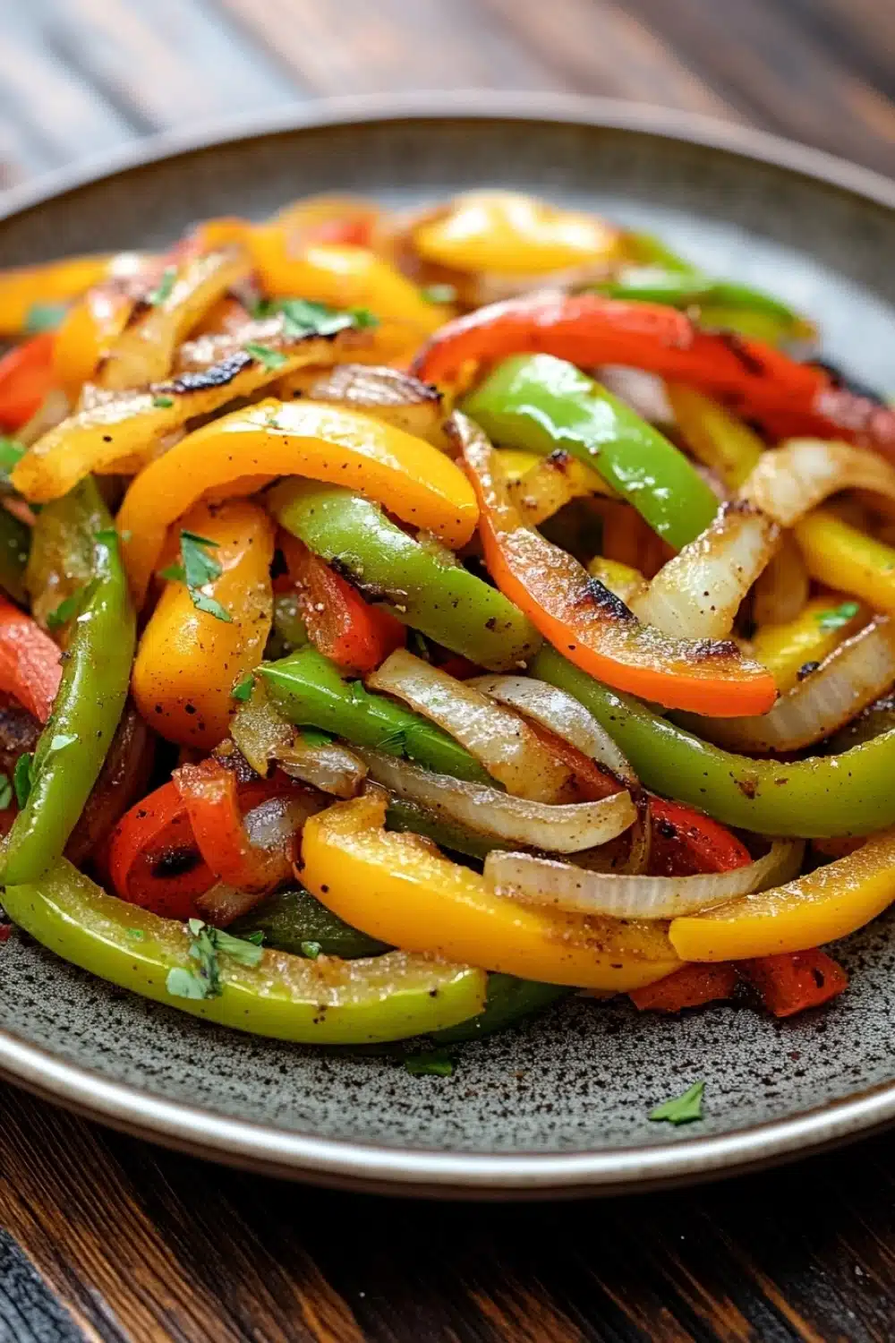 Sauteed fajita vegetables - the image is a close-up of a plate of stir-fry vegetables. the vegetables are sliced and arranged in a circular pattern on a dark grey plate. the colors of the vegetables include red, yellow, green, and orange bell peppers, as well as sliced onions. the plate is sitting on a wooden table with a rustic background. the dish appears to be freshly cooked and ready to eat.