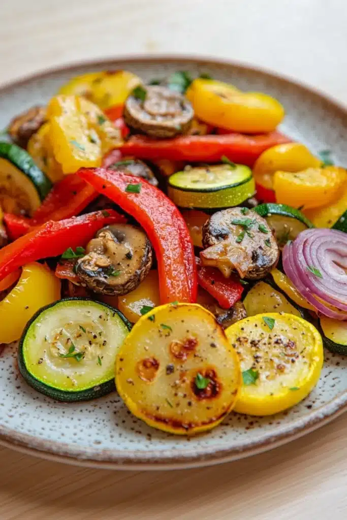 Sauteed vegetables in oven - the image is a close-up of a plate of colorful vegetables. the plate is white with a speckled pattern and is placed on a wooden table. the vegetables are arranged in a circular pattern on the plate. on top of the vegetables, there are sliced red and yellow bell peppers, zucchini, and mushrooms. the bell peppers are cut into thin slices and are garnished with chopped herbs. the mushrooms are dark brown and appear to be seasoned with herbs and spices. there are also slices of red onion scattered throughout the dish. the overall appearance of the dish is fresh and appetizing.