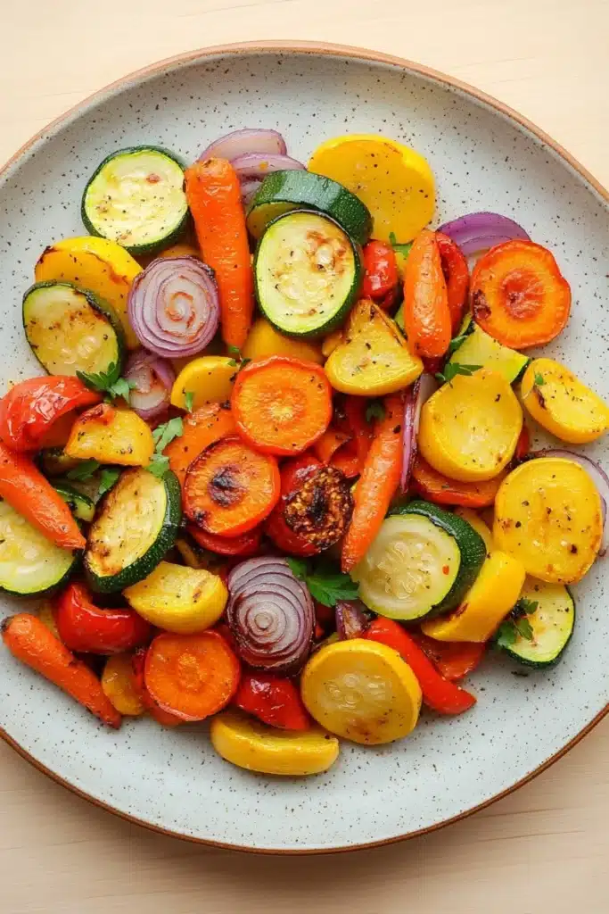 Sauteed vegetables in oven - the image is a close-up of a colorful salad in a white bowl with a speckled pattern. the salad is made up of various types of vegetables, including zucchini, red onions, yellow squash, and red bell peppers. the vegetables are arranged in a circular pattern on the bowl, with some overlapping each other. the colors of the vegetables are vibrant and the dish looks fresh and appetizing. the bowl is sitting on a wooden table.