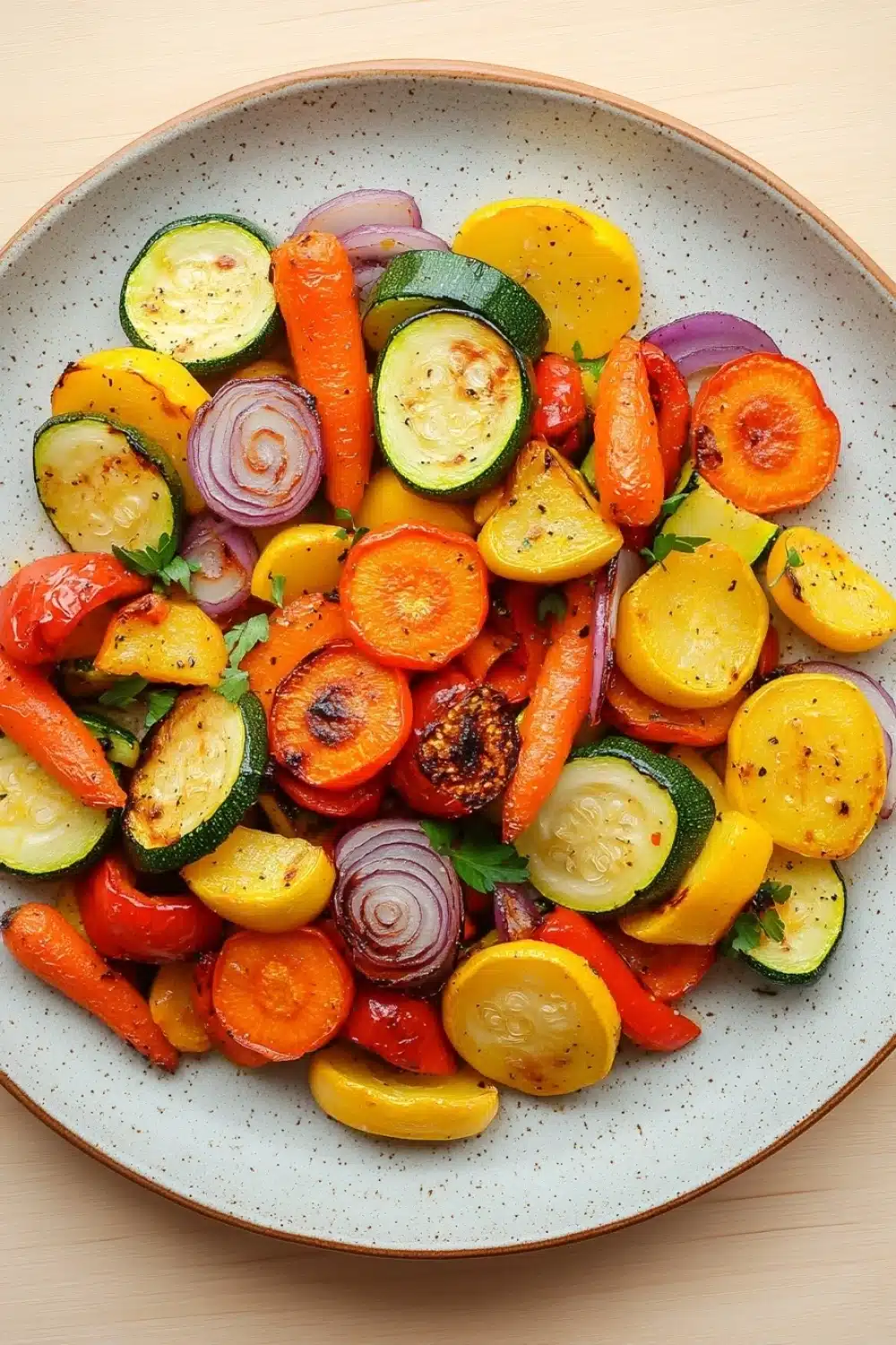 Sauteed vegetables in oven - the image is a close-up of a colorful salad in a white bowl with a speckled pattern. the salad is made up of various types of vegetables, including zucchini, red onions, yellow squash, and red bell peppers. the vegetables are arranged in a circular pattern on the bowl, with some overlapping each other. the colors of the vegetables are vibrant and the dish looks fresh and appetizing. the bowl is sitting on a wooden table.