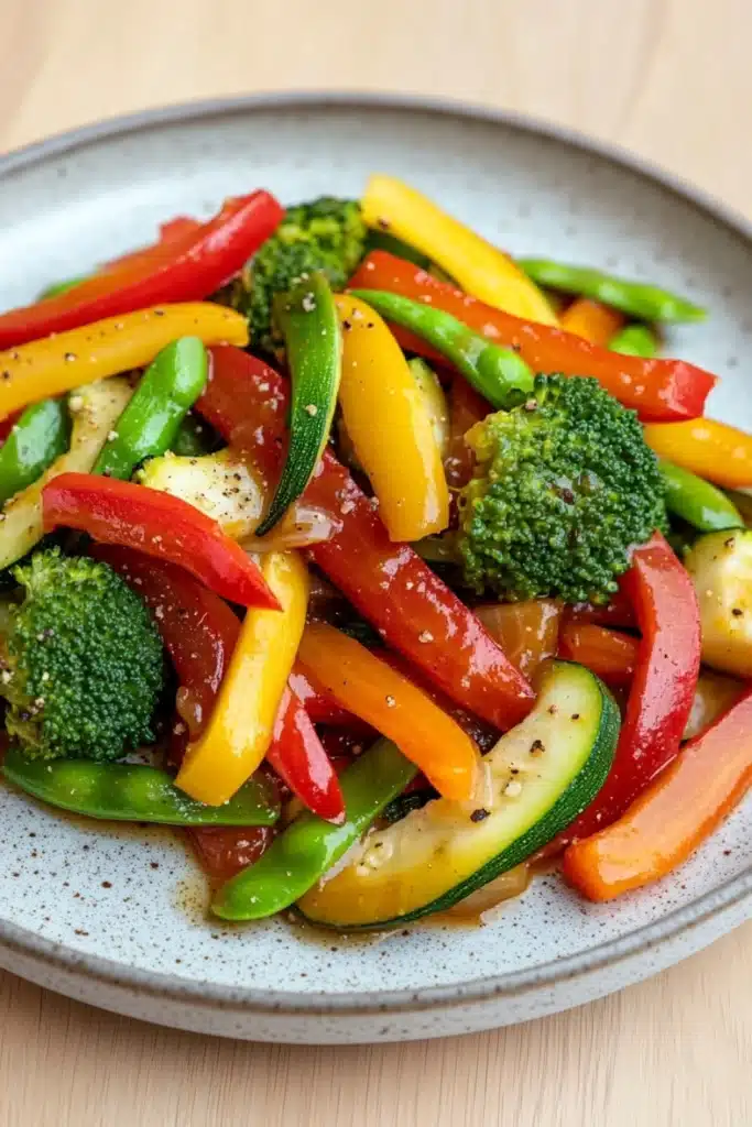 Sauteed vegetables in sauce - the image is a close-up of a plate of stir-fry vegetables. the plate is white with a speckled pattern and is placed on a wooden table. the vegetables are mixed together in a colorful and appetizing manner. the colors of the vegetables include red, yellow, green, and orange bell peppers, as well as sliced zucchini and broccoli. there are also some sesame seeds sprinkled on top. the dish appears to be freshly cooked and ready to eat.