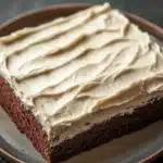 Sheet cake with cream cheese frosting - the image shows a slice of chocolate cake on a brown plate. the cake appears to be moist and has a rich, dark chocolate color. the top of the cake is covered in a generous layer of creamy, light brown frosting. the frosting has a smooth texture and is spread evenly across the cake. the plate is sitting on a dark, textured surface. the background is blurred, making the cake the focal point of the image.
