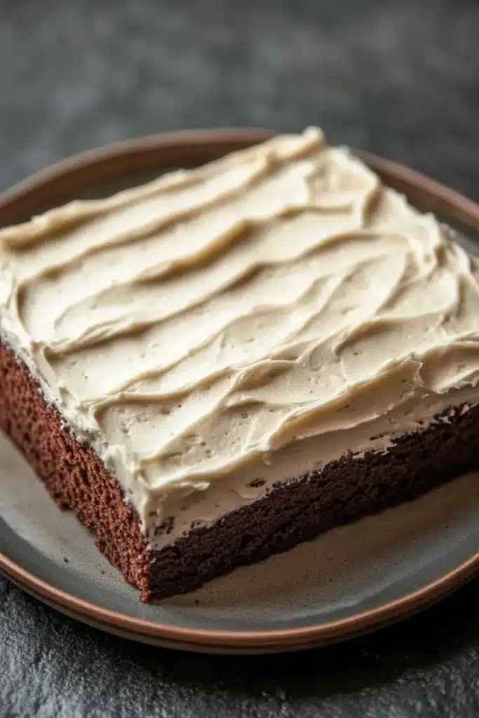 Sheet cake with cream cheese frosting - the image shows a slice of chocolate cake on a brown plate. the cake appears to be moist and has a rich, dark chocolate color. the top of the cake is covered in a generous layer of creamy, light brown frosting. the frosting has a smooth texture and is spread evenly across the cake. the plate is sitting on a dark, textured surface. the background is blurred, making the cake the focal point of the image.
