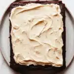 Sheet cake with cream cheese frosting - the image shows a square brownie on a white marble plate. the brownie appears to be freshly baked and has a rich, dark chocolate color. on top of the brownie, there is a generous layer of creamy white frosting that is spread evenly across the top. the frosting has a smooth texture and looks smooth and shiny. the plate is round and has an oval shape.