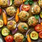 Sheet pan chicken meatballs and vegetables - the image shows a baking tray filled with freshly baked meatballs. the meatballs are golden brown and appear to be seasoned with herbs and spices. they are arranged in a circular pattern on the tray, with some overlapping each other. there are also slices of zucchini, red onion, and cherry tomatoes scattered throughout the tray. the tray is lined with parchment paper, and there is a sprig of parsley on top. the background is a light beige color.
