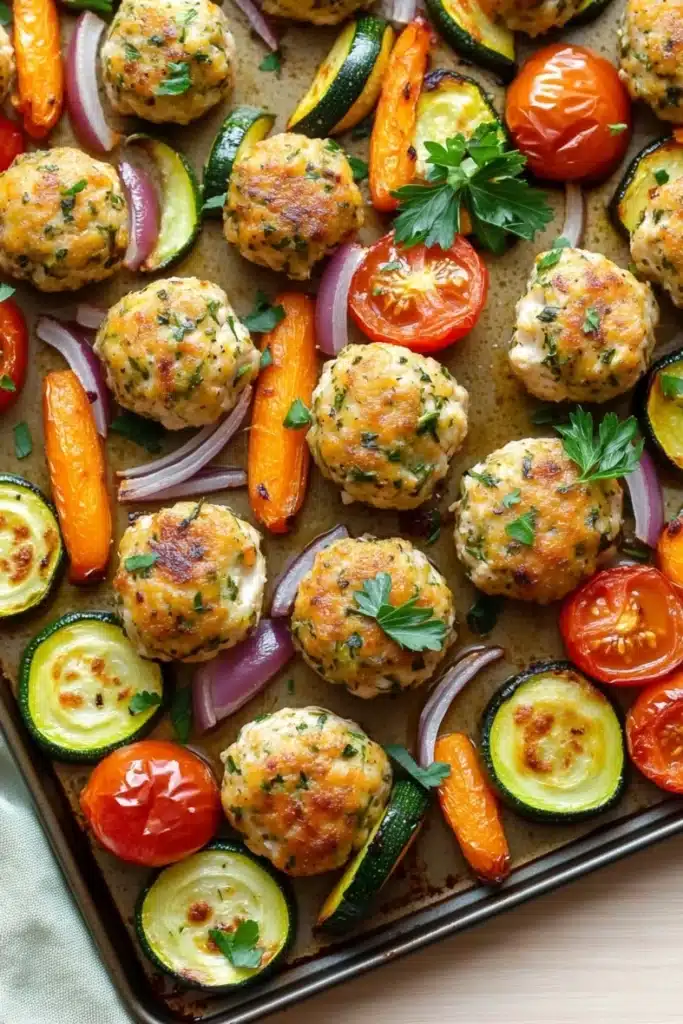 Sheet pan chicken meatballs and vegetables - the image shows a baking tray filled with freshly baked meatballs. the meatballs are golden brown and appear to be seasoned with herbs and spices. they are arranged in a circular pattern on the tray, with some overlapping each other. there are also slices of zucchini, red onion, and cherry tomatoes scattered throughout the tray. the tray is lined with parchment paper, and there is a sprig of parsley on top. the background is a light beige color.