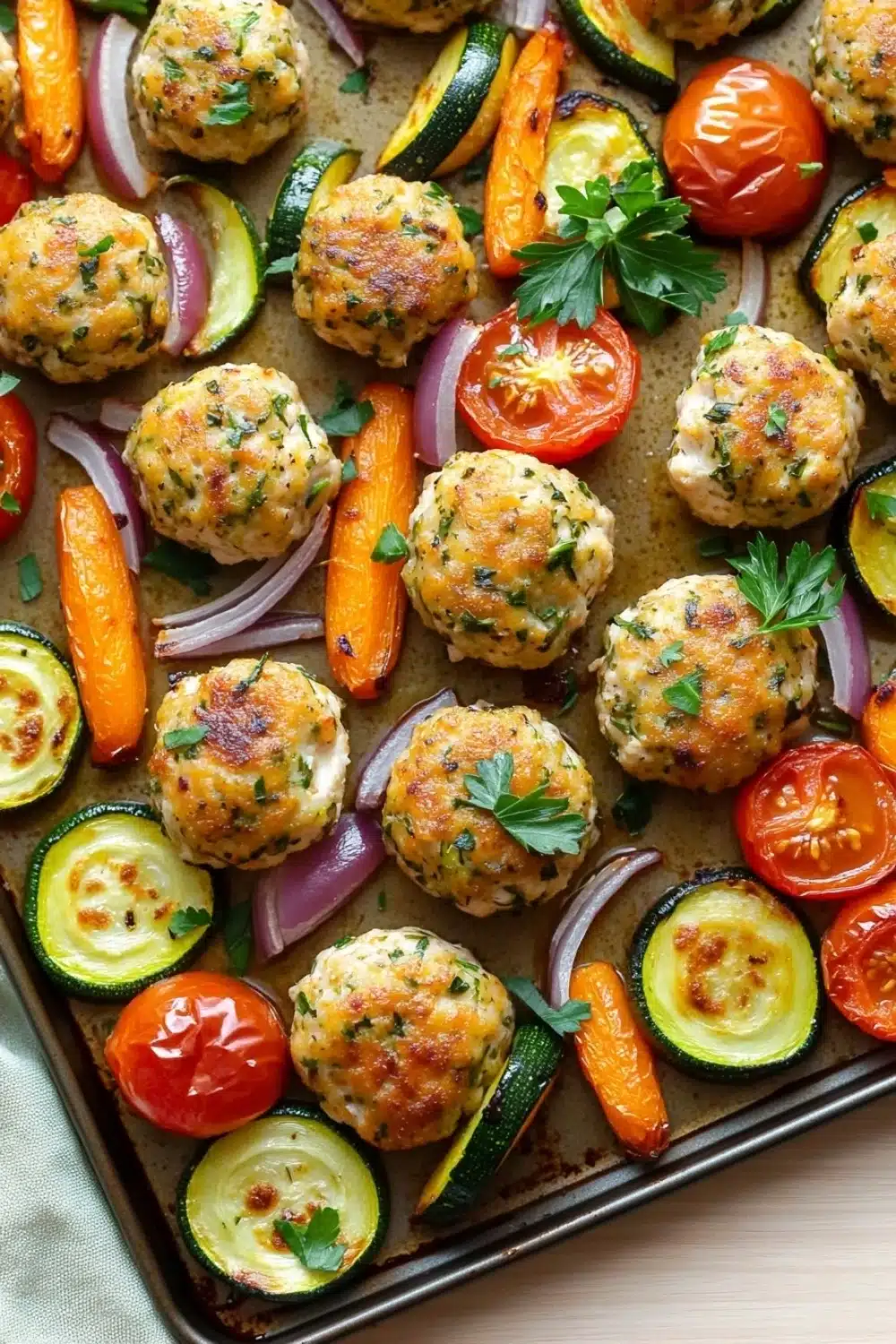 Sheet pan chicken meatballs and vegetables - the image shows a baking tray filled with freshly baked meatballs. the meatballs are golden brown and appear to be seasoned with herbs and spices. they are arranged in a circular pattern on the tray, with some overlapping each other. there are also slices of zucchini, red onion, and cherry tomatoes scattered throughout the tray. the tray is lined with parchment paper, and there is a sprig of parsley on top. the background is a light beige color.
