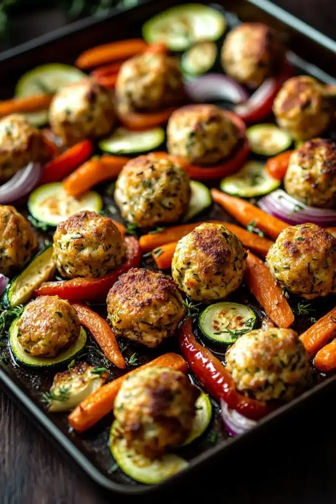 Sheet pan chicken meatballs and vegetables - the image shows a tray of roasted vegetables on a wooden table. the vegetables are arranged in a circular pattern on the tray, with some overlapping each other. the meatballs are golden brown and appear to be seasoned with herbs and spices. they are cut into small cubes and are arranged on top of a bed of sliced cucumbers, red onions, and red bell peppers. the tray is lined with parchment paper and there is a sprig of rosemary on the side. the background is blurred, but it appears to be a kitchen countertop.