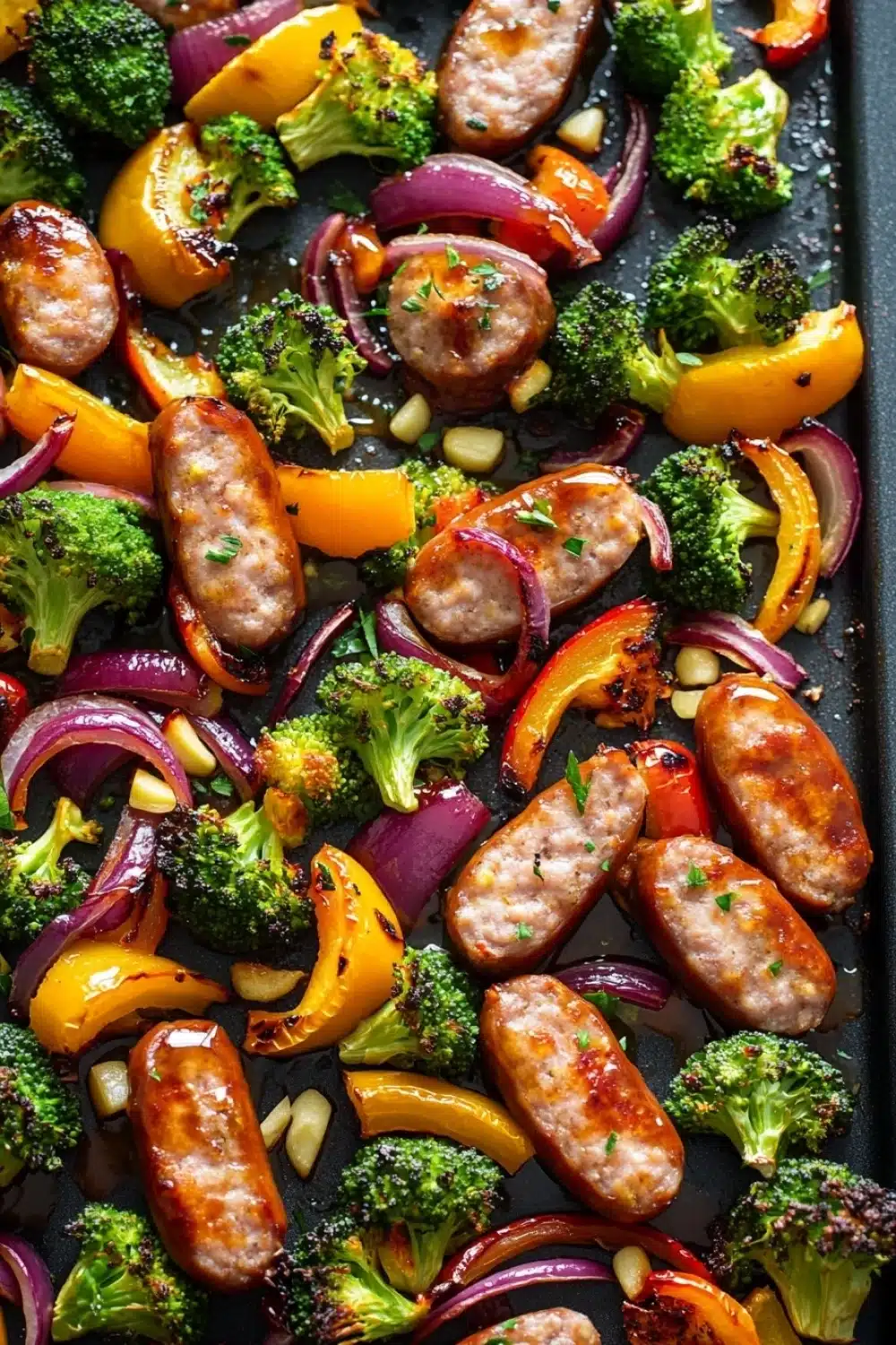 Sheet pan chicken sausage honey garlic - the image shows a tray of cooked sausages and vegetables. the tray is lined with black parchment paper and is filled with a variety of colorful vegetables, including broccoli, red onions, yellow bell peppers, and red onions. the vegetables are arranged in a circular pattern on the tray, with some overlapping each other. the sausage is golden brown and appears to be seasoned with herbs and spices. the colors of the vegetables are vibrant and the dish looks appetizing.