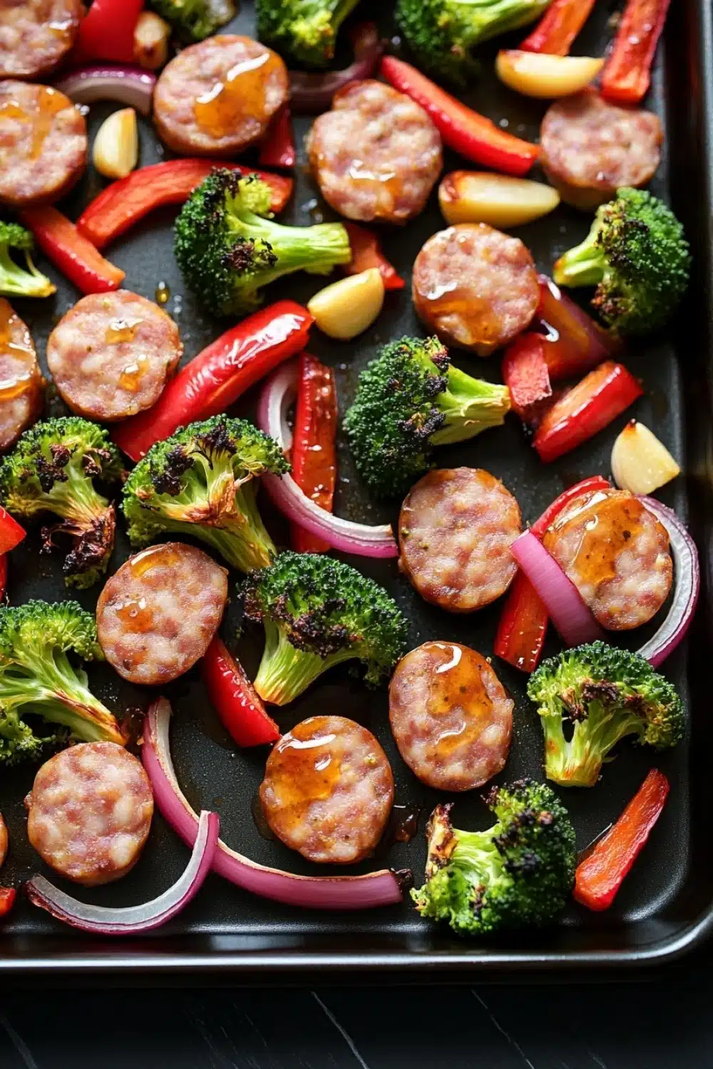 Sheet pan chicken sausage honey garlic - the image shows a black baking tray filled with various types of food. on the tray, there are several pieces of sausage, broccoli, red and yellow bell peppers, and red onions. the sausage appears to be cooked and has a golden brown color. the vegetables are arranged in a circular pattern around the sausage and broccoli. the tray is sitting on a black countertop.
