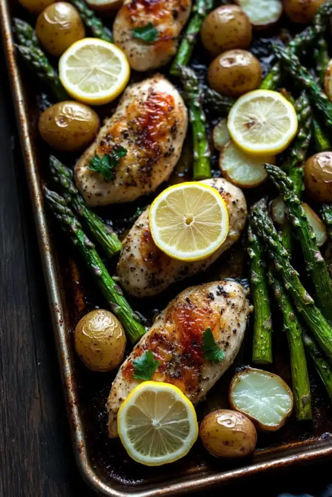 Sheet pan dinner with asparagus - the image shows a baking tray filled with grilled chicken and asparagus. the chicken is golden brown and appears to be seasoned with herbs and spices. the asparaglips are bright green and look fresh and vibrant. there are also small potatoes scattered throughout the tray, adding a pop of color to the dish. the tray is lined with parchment paper and is placed on a dark wooden table. the overall presentation of the dish is appetizing and visually appealing.