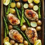 Sheet pan dinner with asparagus - the image shows a rectangular baking tray filled with grilled chicken, asparagus, potatoes, and lemon wedges. the chicken is golden brown and appears to be seasoned with herbs and spices. the potatoes are small and round, and the asparaglips are bright green. the tray is placed on a wooden table with a white cloth napkin on the side. the overall presentation of the dish is appetizing and visually appealing.