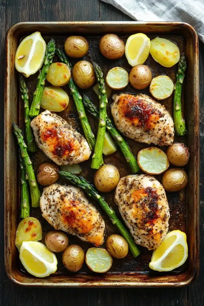 Sheet pan dinner with asparagus - the image shows a rectangular baking tray filled with grilled chicken, asparagus, potatoes, and lemon wedges. the chicken is golden brown and appears to be seasoned with herbs and spices. the potatoes are small and round, and the asparaglips are bright green. the tray is placed on a wooden table with a white cloth napkin on the side. the overall presentation of the dish is appetizing and visually appealing.