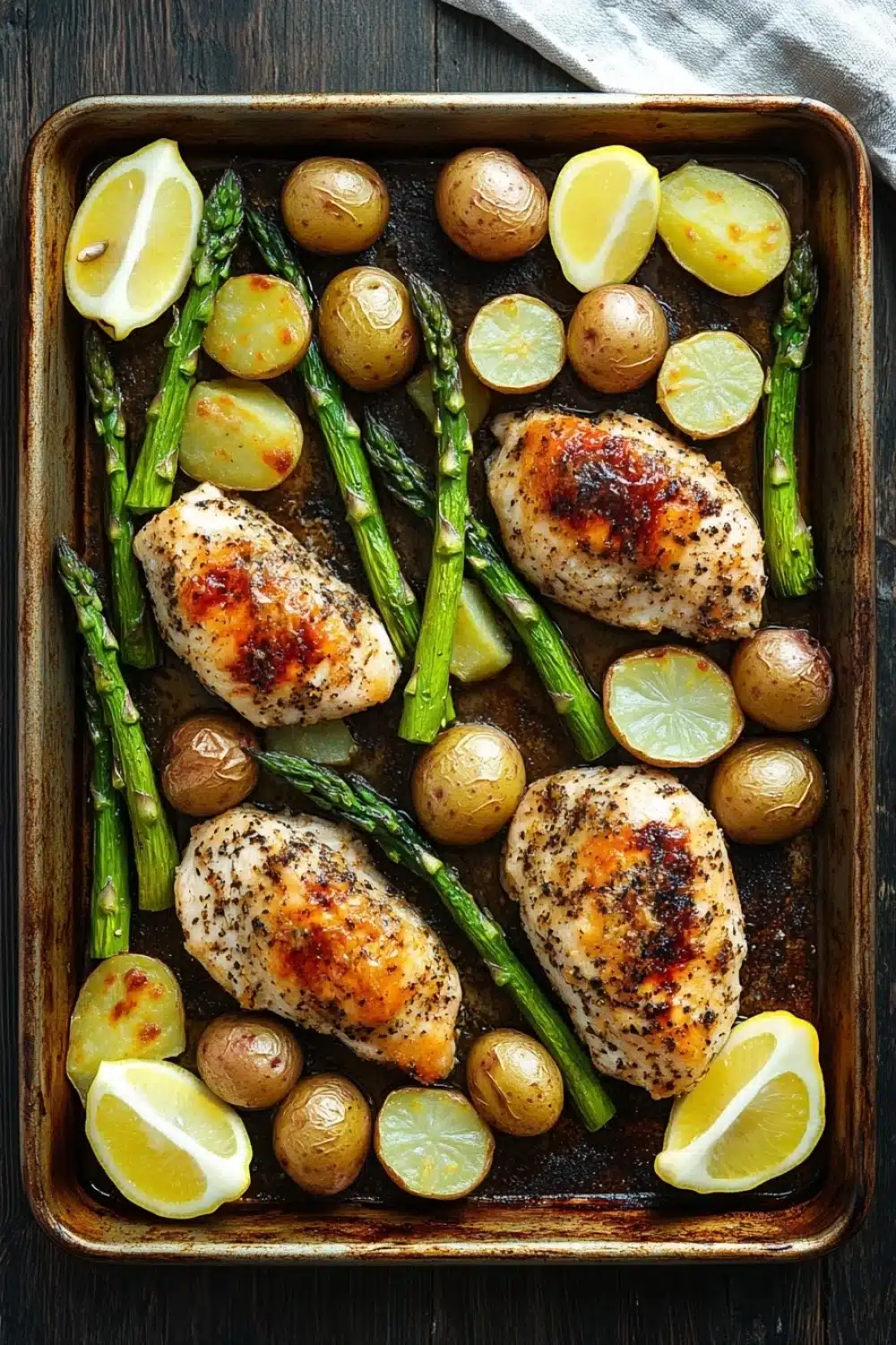 Sheet pan dinner with asparagus - the image shows a rectangular baking tray filled with grilled chicken, asparagus, potatoes, and lemon wedges. the chicken is golden brown and appears to be seasoned with herbs and spices. the potatoes are small and round, and the asparaglips are bright green. the tray is placed on a wooden table with a white cloth napkin on the side. the overall presentation of the dish is appetizing and visually appealing.