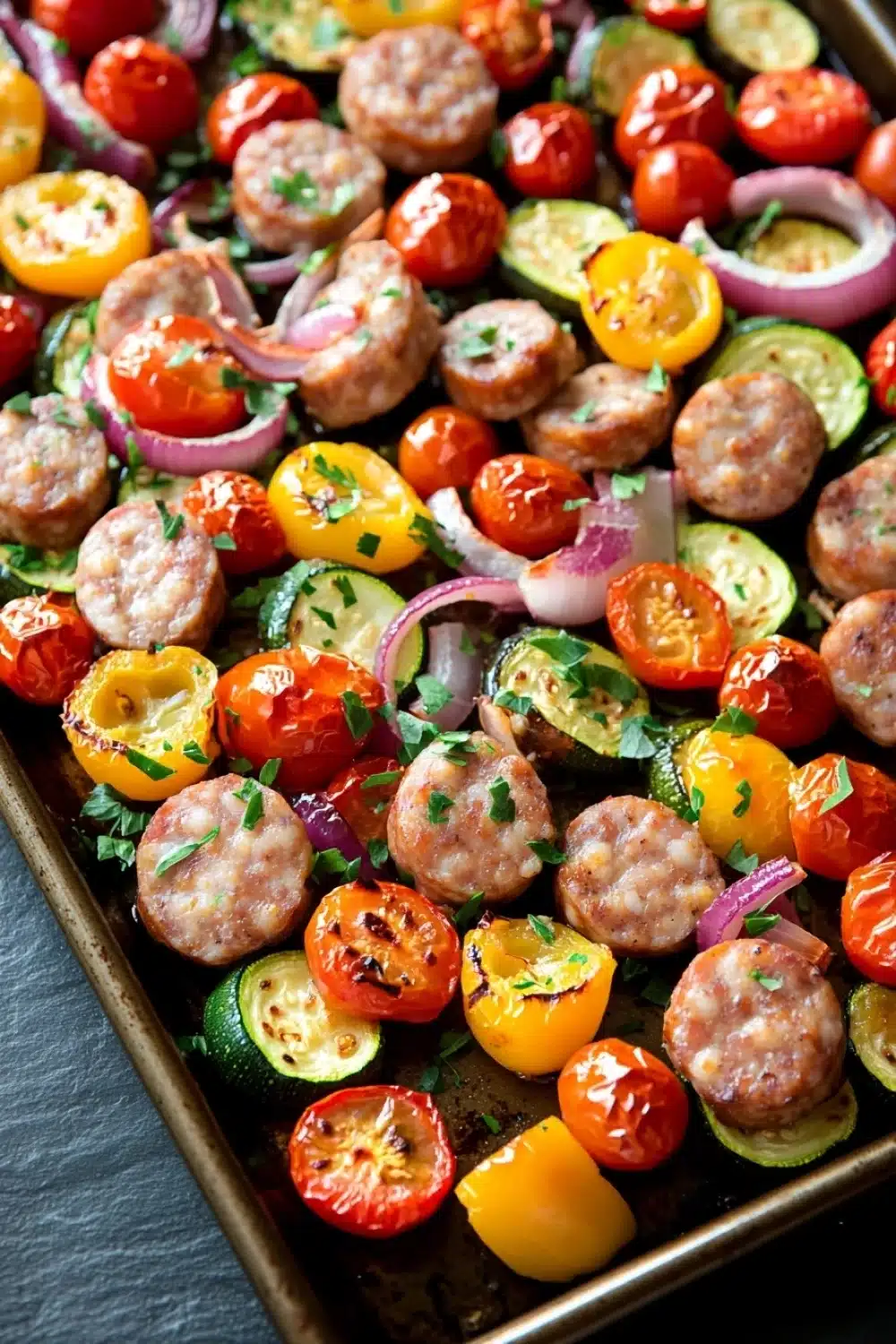 Sheet pan dinners with chicken sausage - the image shows a tray of grilled meatballs and vegetables. the meatballs are arranged in a circular pattern on the tray, with some overlapping each other. the vegetables include sliced tomatoes, zucchini, and bell peppers. the tomatoes are bright red and appear to be seasoned with herbs and spices. the bell peppers are yellow and have a slightly charred texture. the tray is lined with parchment paper, and the background is dark, making the colors of the vegetables stand out.