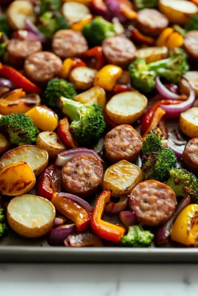 Sheet pan dinners with chicken sausage - the image shows a tray of cooked vegetables on a white countertop. the vegetables appear to be roasted potatoes, broccoli, red and yellow bell peppers, and sausage. the potatoes are golden brown and have a crispy texture. the broccoli is bright green and the bell peppers are red. the sausage is browned and appears to be seasoned with herbs and spices. the tray is lined with parchment paper and is filled to the brim with the vegetables.