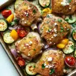 Sheet pan lemon chicken with roasted vegetables and feta - the image shows a rectangular baking dish filled with grilled chicken and vegetables. the chicken is golden brown and appears to be seasoned with herbs and spices. the vegetables are sliced zucchini, red onions, and cherry tomatoes, and are arranged in a colorful and appetizing manner. the dish is garnished with chopped parsley and crumbled feta cheese. the background is a white marble countertop.