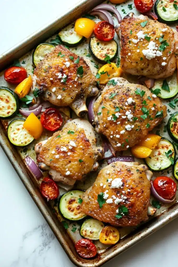 Sheet pan lemon chicken with roasted vegetables and feta - the image shows a rectangular baking dish filled with grilled chicken and vegetables. the chicken is golden brown and appears to be seasoned with herbs and spices. the vegetables are sliced zucchini, red onions, and cherry tomatoes, and are arranged in a colorful and appetizing manner. the dish is garnished with chopped parsley and crumbled feta cheese. the background is a white marble countertop.