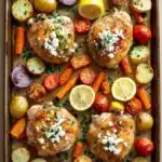 Sheet pan lemon chicken with roasted vegetables and feta - the image shows a baking tray with two chicken breasts on it. the chicken breasts are golden brown and appear to be seasoned with herbs and spices. the tray is filled with various vegetables, including potatoes, carrots, red onions, and cherry tomatoes. there are also slices of lemon and crumbled feta cheese scattered throughout the dish. the vegetables are arranged in a circular pattern on the tray, with some overlapping each other. the background is a wooden table.