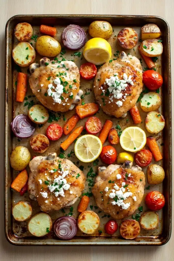Sheet pan lemon chicken with roasted vegetables and feta - the image shows a baking tray with two chicken breasts on it. the chicken breasts are golden brown and appear to be seasoned with herbs and spices. the tray is filled with various vegetables, including potatoes, carrots, red onions, and cherry tomatoes. there are also slices of lemon and crumbled feta cheese scattered throughout the dish. the vegetables are arranged in a circular pattern on the tray, with some overlapping each other. the background is a wooden table.