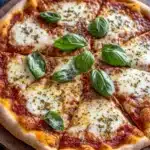 Sheet pan margarita pizza - the image is of a freshly baked pizza on a wooden cutting board. the pizza has a golden brown crust and is topped with melted cheese and fresh basil leaves. the cheese is melted and bubbly, and the basil leaves are arranged in a circular pattern around the edges of the pizza. the background is dark, and there are a few more basil leaves scattered around the cutting board, adding a pop of green color to the image.