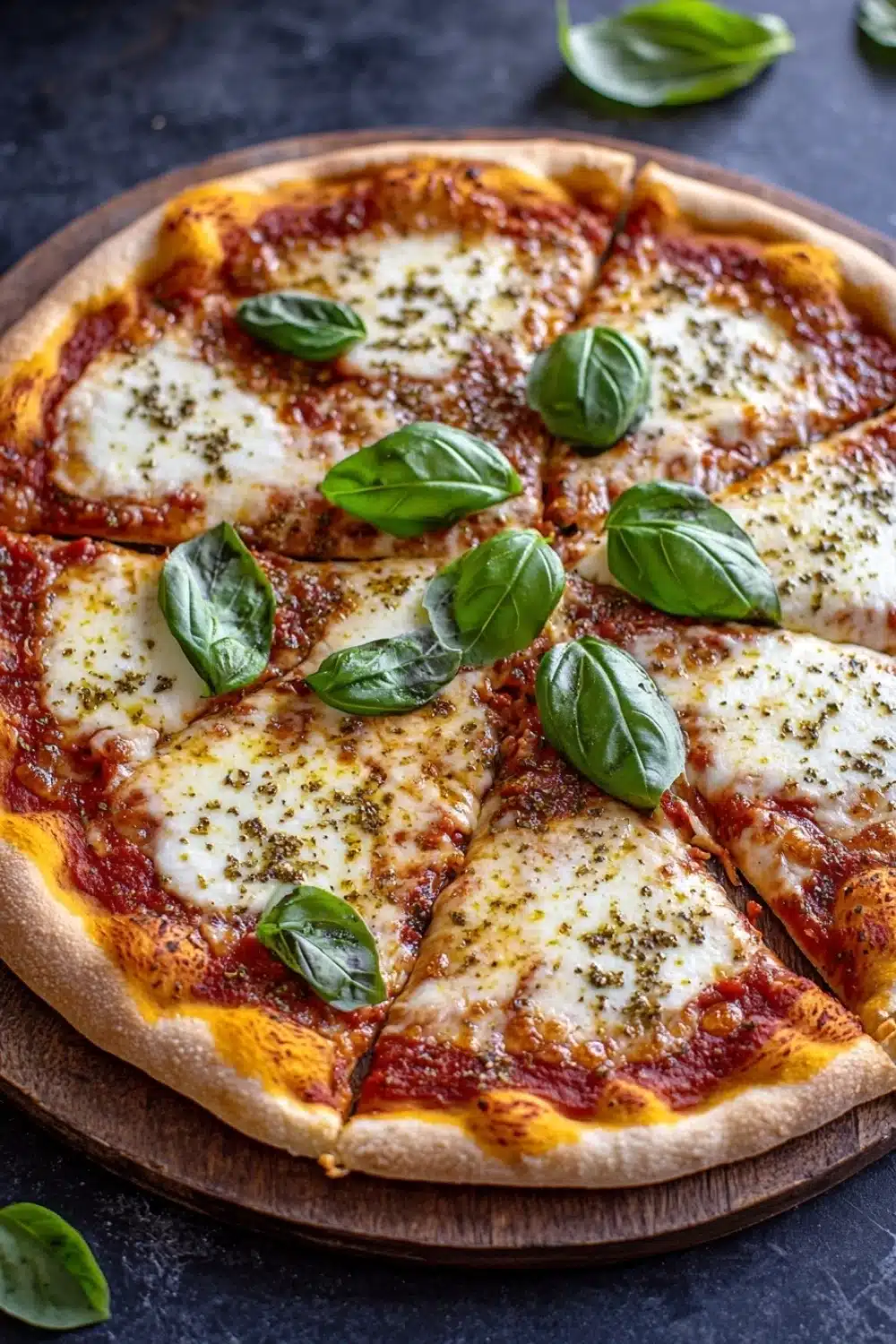 Sheet pan margarita pizza - the image is of a freshly baked pizza on a wooden cutting board. the pizza has a golden brown crust and is topped with melted cheese and fresh basil leaves. the cheese is melted and bubbly, and the basil leaves are arranged in a circular pattern around the edges of the pizza. the background is dark, and there are a few more basil leaves scattered around the cutting board, adding a pop of green color to the image.
