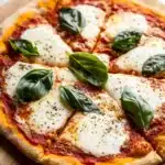Sheet pan margarita pizza - the image is of a freshly baked pizza on a wooden cutting board. the pizza has a golden brown crust and is topped with melted cheese and fresh basil leaves. the cheese is melted and bubbly, and the basil leaves are arranged in a circular pattern around the edges of the pizza. the background is blurred, but it appears to be a kitchen countertop.