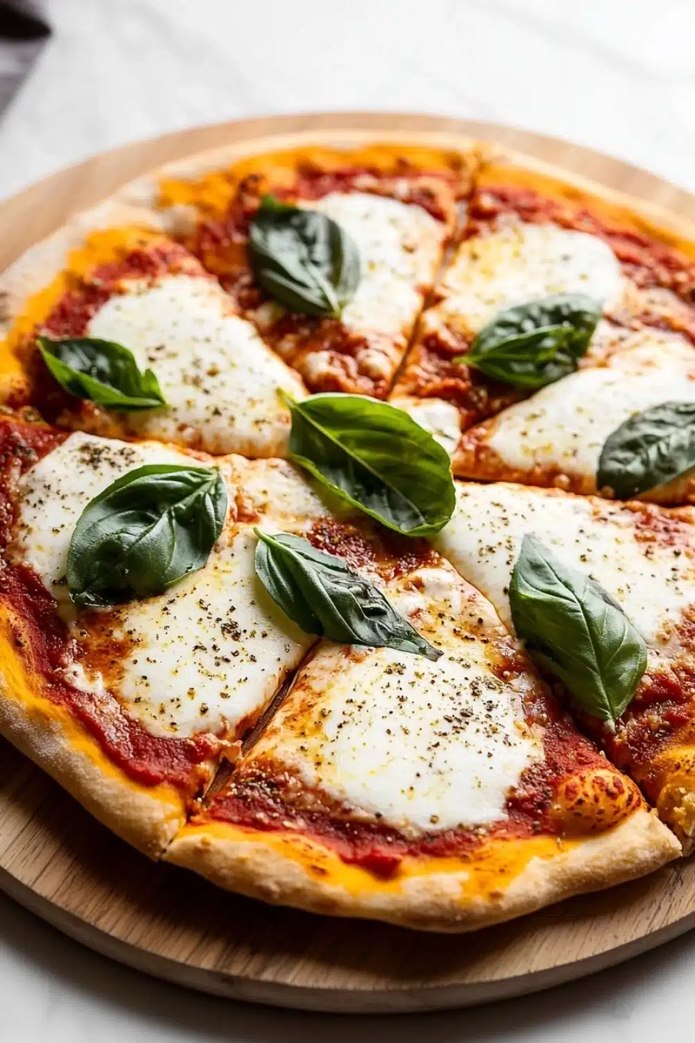 Sheet pan margarita pizza - the image is of a freshly baked pizza on a wooden cutting board. the pizza has a golden brown crust and is topped with melted cheese and fresh basil leaves. the cheese is melted and bubbly, and the basil leaves are arranged in a circular pattern around the edges of the pizza. the background is blurred, but it appears to be a kitchen countertop.