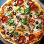 Sheet pan pizza with store bought dough - the image is of a pepperoni pizza on a wooden cutting board. the pizza is round and has a golden brown crust. it is topped with a generous amount of pepperoni, sliced red onions, black olives, and green bell peppers. there are also a few basil leaves scattered on top of the pizza. the background is a dark grey countertop.