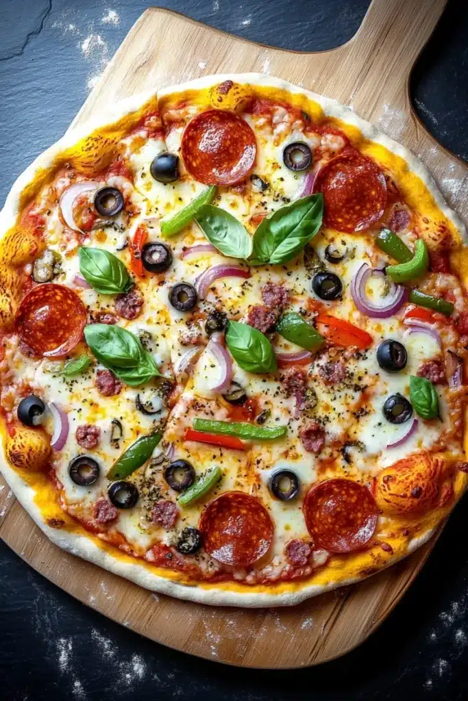 Sheet pan pizza with store bought dough - the image is of a pepperoni pizza on a wooden cutting board. the pizza is round and has a golden brown crust. it is topped with a generous amount of pepperoni, sliced red onions, black olives, and green bell peppers. there are also a few basil leaves scattered on top of the pizza. the background is a dark grey countertop.