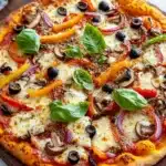 Sheet pan pizza with store bought dough - the image is of a freshly baked pizza on a wooden cutting board. the pizza is topped with a variety of toppings, including sliced red bell peppers, sliced mushrooms, black olives, and basil leaves. the toppings are arranged in a circular pattern on top of the pizza, with some overlapping each other. the crust is golden brown and appears to be freshly baked. the cutting board is placed on a white marble countertop, with a gray cloth napkin on the side. there are a few basil leaves scattered around the cutting board, adding a pop of green color to the image.