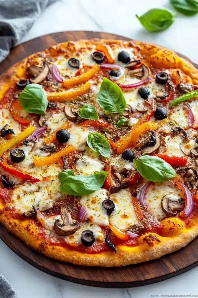 Sheet pan pizza with store bought dough - the image is of a freshly baked pizza on a wooden cutting board. the pizza is topped with a variety of toppings, including sliced red bell peppers, sliced mushrooms, black olives, and basil leaves. the toppings are arranged in a circular pattern on top of the pizza, with some overlapping each other. the crust is golden brown and appears to be freshly baked. the cutting board is placed on a white marble countertop, with a gray cloth napkin on the side. there are a few basil leaves scattered around the cutting board, adding a pop of green color to the image.