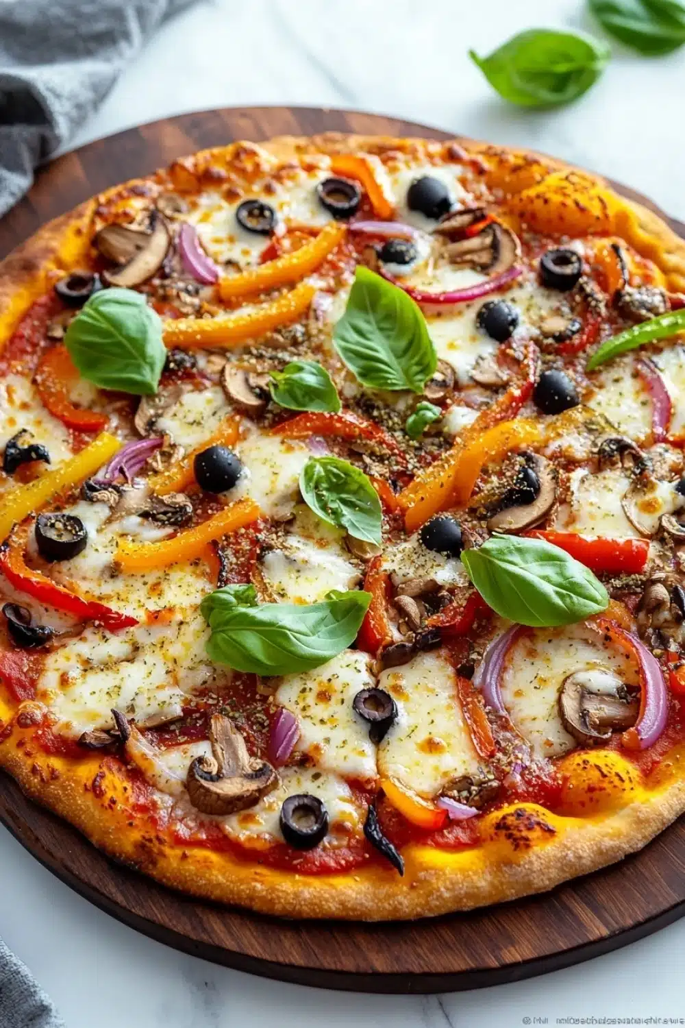 Sheet pan pizza with store bought dough - the image is of a freshly baked pizza on a wooden cutting board. the pizza is topped with a variety of toppings, including sliced red bell peppers, sliced mushrooms, black olives, and basil leaves. the toppings are arranged in a circular pattern on top of the pizza, with some overlapping each other. the crust is golden brown and appears to be freshly baked. the cutting board is placed on a white marble countertop, with a gray cloth napkin on the side. there are a few basil leaves scattered around the cutting board, adding a pop of green color to the image.
