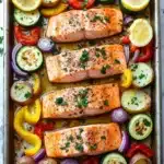Sheet pan salmon meal - the image shows a rectangular baking tray with two pieces of salmon on it. the salmon is cooked to a golden brown color and is garnished with fresh herbs and lemon wedges. the tray is lined with sliced zucchini, red and yellow bell peppers, red onions, and potatoes. the vegetables are arranged in a colorful and appetizing manner, with some overlapping each other. the background is a white marble countertop with a few sprigs of parsley scattered around.
