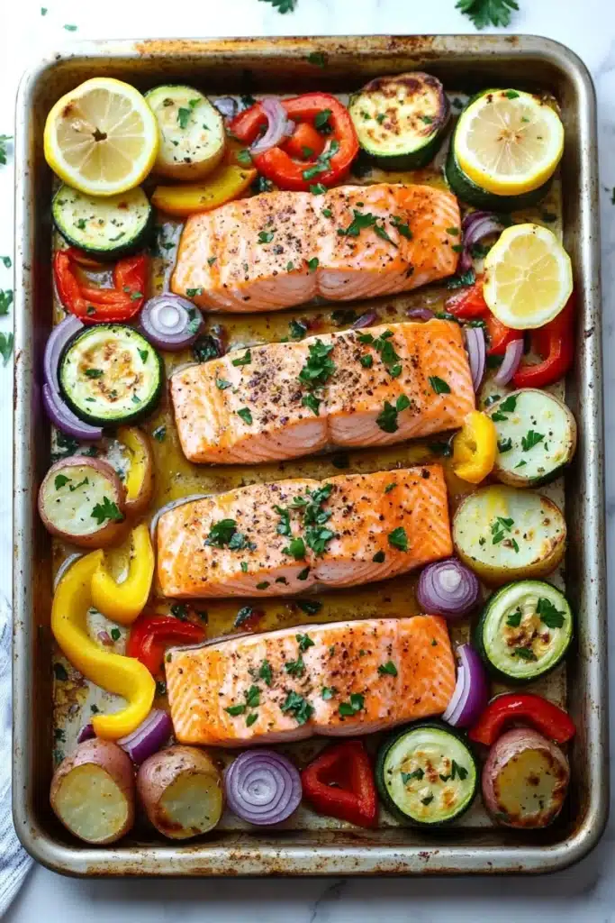 Sheet pan salmon meal - the image shows a rectangular baking tray with two pieces of salmon on it. the salmon is cooked to a golden brown color and is garnished with fresh herbs and lemon wedges. the tray is lined with sliced zucchini, red and yellow bell peppers, red onions, and potatoes. the vegetables are arranged in a colorful and appetizing manner, with some overlapping each other. the background is a white marble countertop with a few sprigs of parsley scattered around.