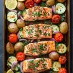 Sheet pan salmon meal - the image shows a rectangular baking tray with two pieces of salmon on it. the salmon is cooked to a golden brown color and is garnished with fresh herbs and lemon wedges. the tray is filled with various vegetables, including potatoes, zucchini, cherry tomatoes, and red onions. the vegetables are arranged in a colorful and appetizing manner, with some overlapping each other. the background is a dark grey countertop.