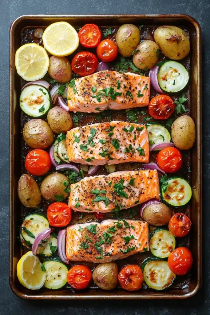 Sheet pan salmon meal - the image shows a rectangular baking tray with two pieces of salmon on it. the salmon is cooked to a golden brown color and is garnished with fresh herbs and lemon wedges. the tray is filled with various vegetables, including potatoes, zucchini, cherry tomatoes, and red onions. the vegetables are arranged in a colorful and appetizing manner, with some overlapping each other. the background is a dark grey countertop.