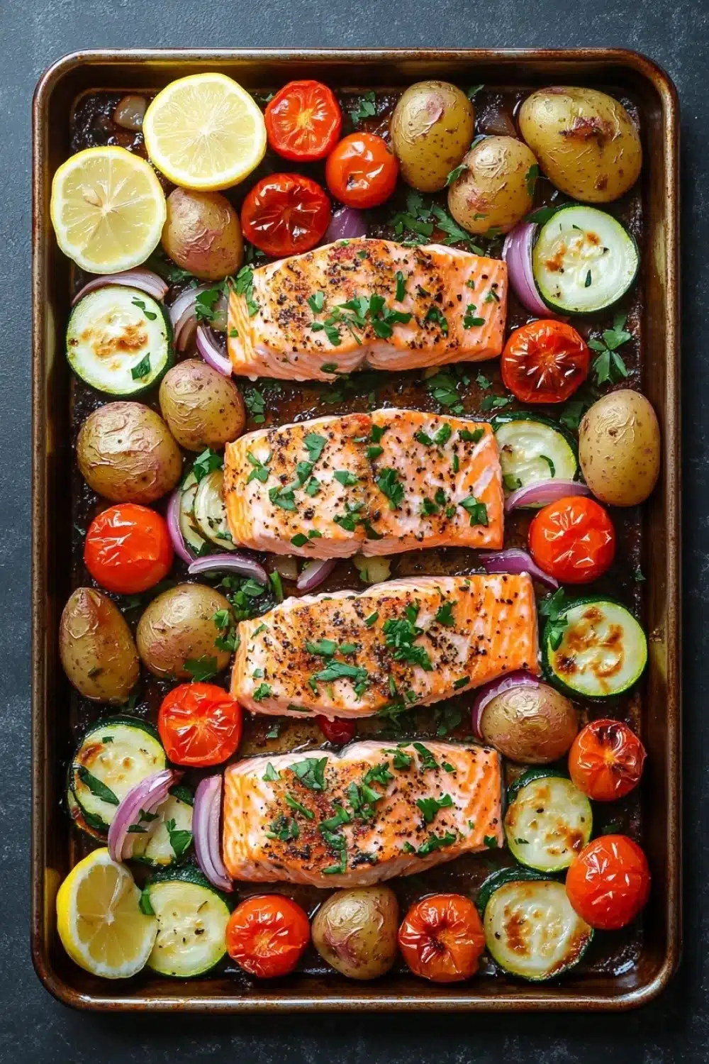 Sheet pan salmon meal - the image shows a rectangular baking tray with two pieces of salmon on it. the salmon is cooked to a golden brown color and is garnished with fresh herbs and lemon wedges. the tray is filled with various vegetables, including potatoes, zucchini, cherry tomatoes, and red onions. the vegetables are arranged in a colorful and appetizing manner, with some overlapping each other. the background is a dark grey countertop.