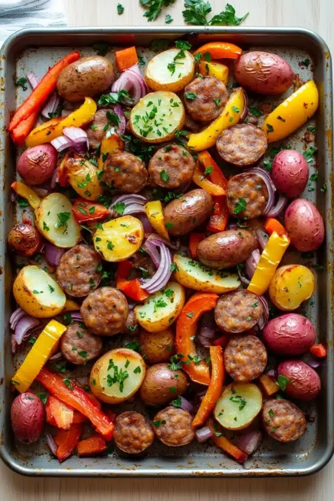 Sheet pan sausage and potatoes dinner - the image shows a baking tray filled with a variety of vegetables. the tray is lined with parchment paper and is placed on a wooden table. the vegetables include red potatoes, yellow bell peppers, red onions, and green onions. there are also some herbs sprinkled on top, likely parsley or cilantro. the dish appears to be freshly cooked and ready to be served.