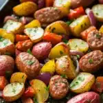 Sheet pan sausage and potatoes dinner - the image shows a baking tray filled with roasted potatoes and sausage. the potatoes are of different sizes and colors, including red, yellow, and orange. the sausage is cooked to a golden brown and appears to be seasoned with herbs and spices. the tray is lined with parchment paper and is sitting on a gray countertop. the overall appearance of the dish is colorful and appetizing.