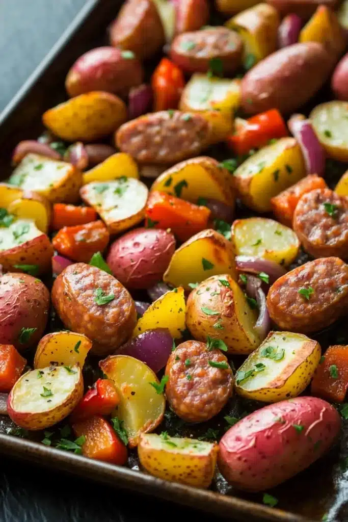 Sheet pan sausage and potatoes dinner - the image shows a baking tray filled with roasted potatoes and sausage. the potatoes are of different sizes and colors, including red, yellow, and orange. the sausage is cooked to a golden brown and appears to be seasoned with herbs and spices. the tray is lined with parchment paper and is sitting on a gray countertop. the overall appearance of the dish is colorful and appetizing.