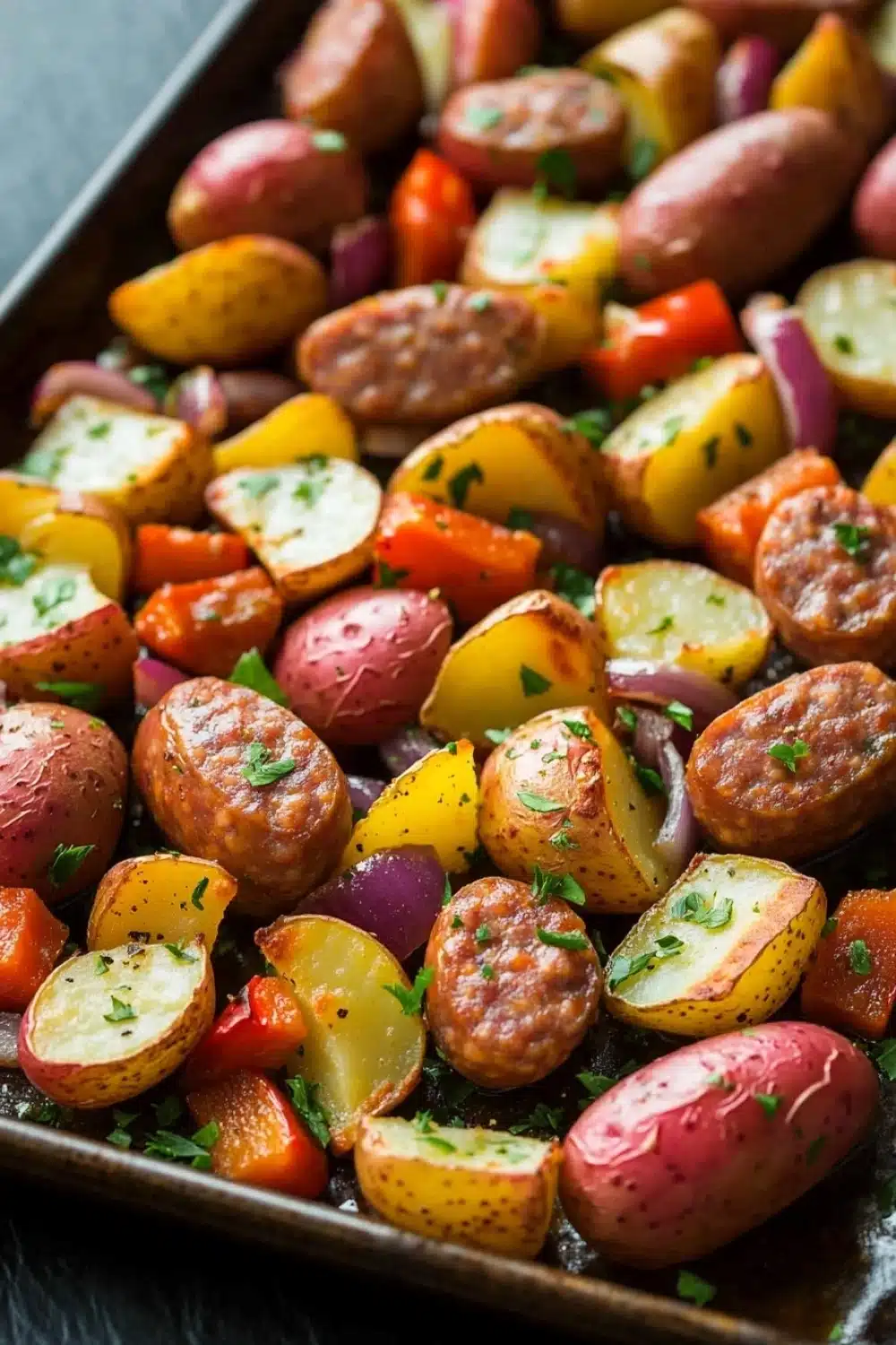 Sheet pan sausage and potatoes dinner - the image shows a baking tray filled with roasted potatoes and sausage. the potatoes are of different sizes and colors, including red, yellow, and orange. the sausage is cooked to a golden brown and appears to be seasoned with herbs and spices. the tray is lined with parchment paper and is sitting on a gray countertop. the overall appearance of the dish is colorful and appetizing.