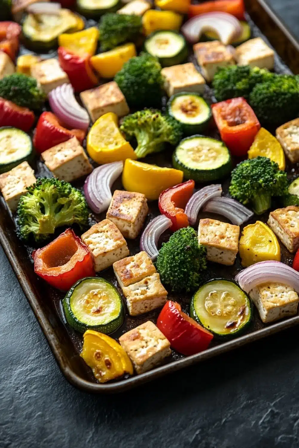 Sheet pan tofu and vegetables - the image shows a rectangular baking tray filled with various types of vegetables and tofu. the vegetables include broccoli, zucchini, bell peppers, and red onions. the tofu is cut into cubes and appears to be seasoned with herbs and spices. the tray is lined with parchment paper and is placed on a dark grey countertop. the overall appearance of the dish is colorful and appetizing.